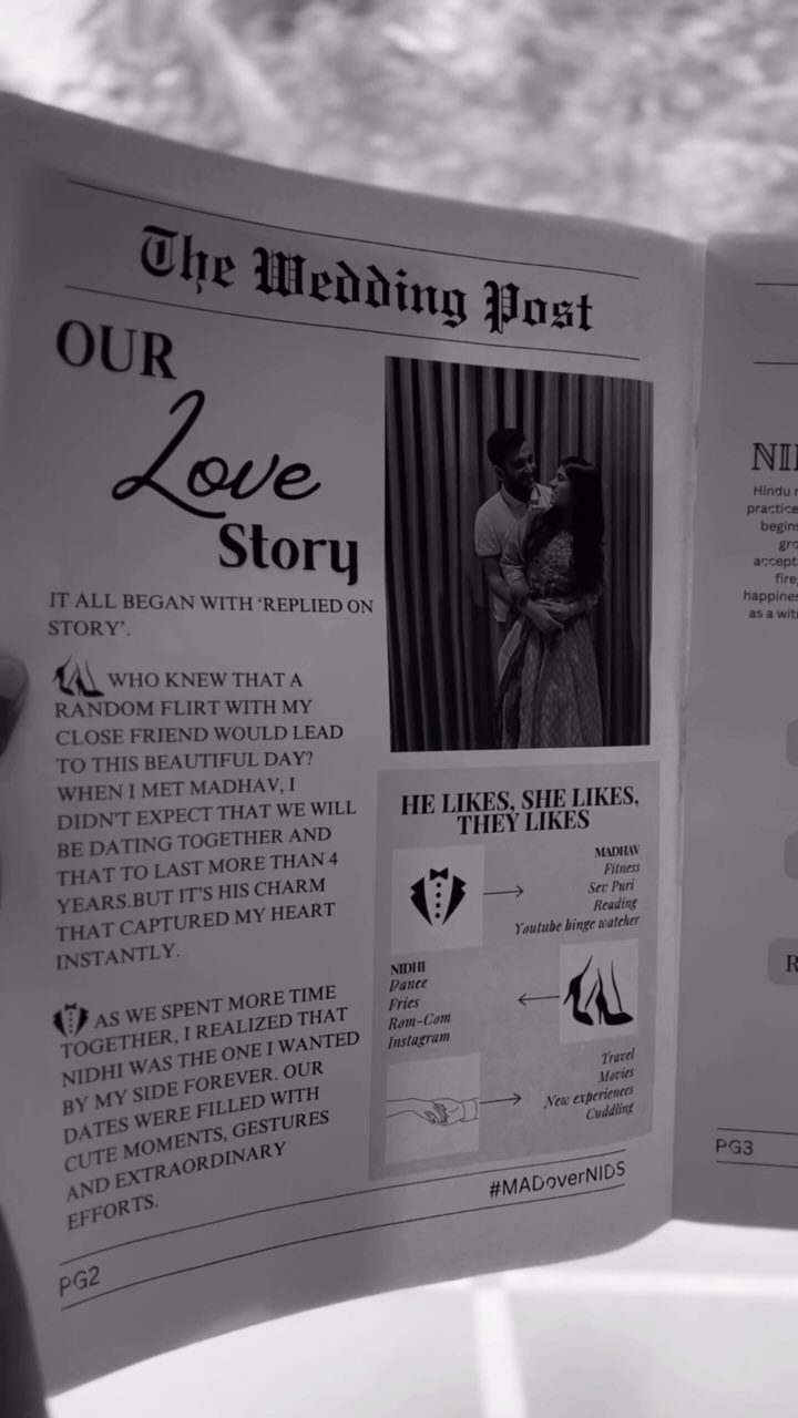 Wedding newspaper program titled The Wedding Post featuring a couple's love story.
