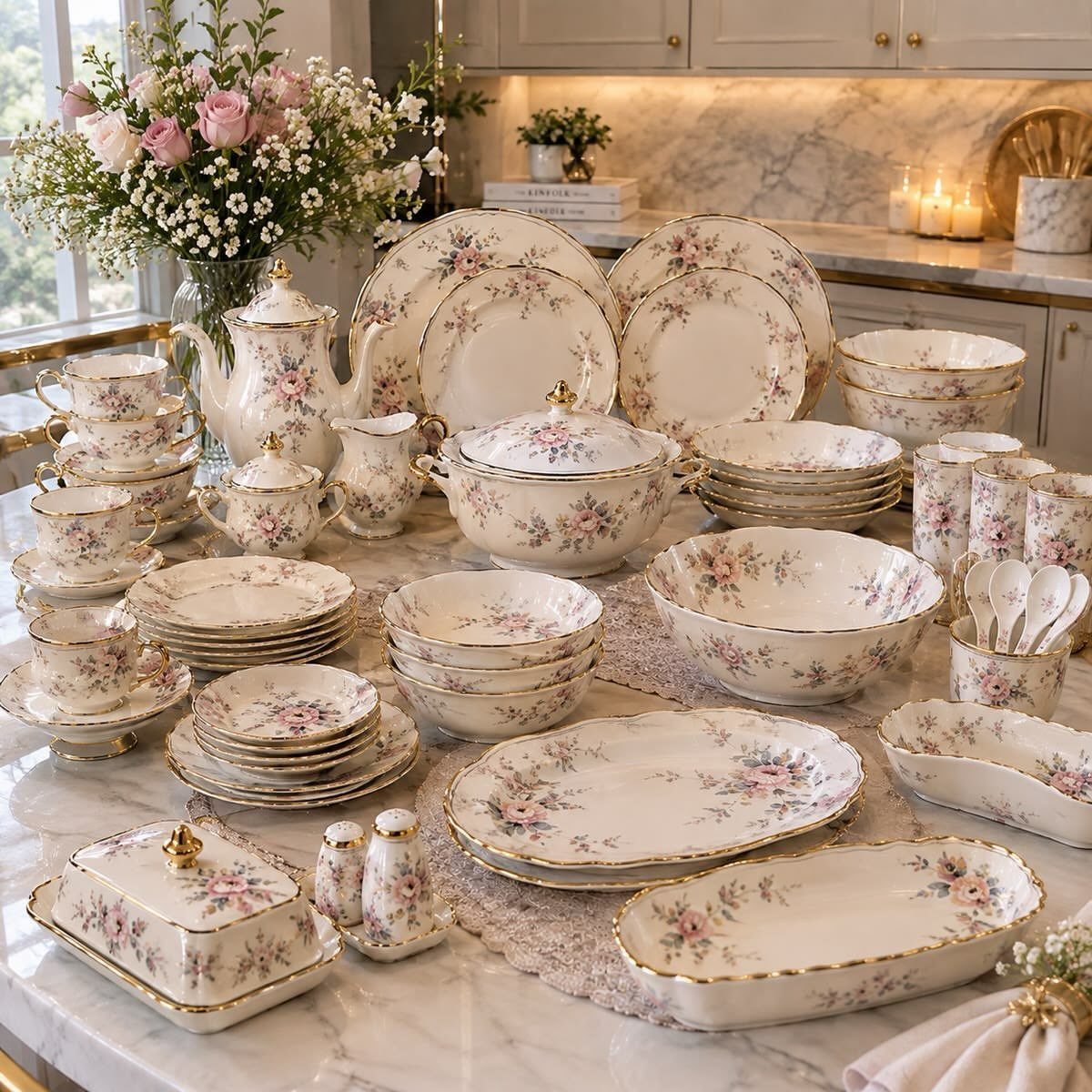 Floral porcelain dinnerware set with gold trim arranged on a white marble counter.