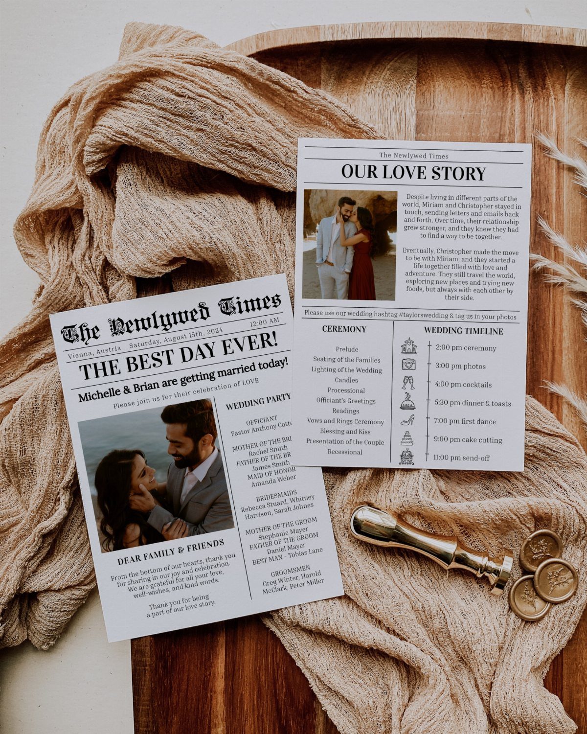 Newspaper style wedding programs with photos of a couple on a wooden table