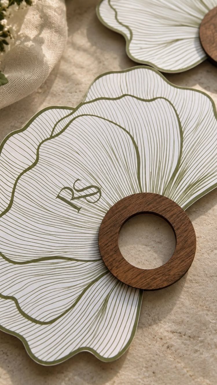Flower-shaped wedding program fan with green lines and a circular wooden handle.