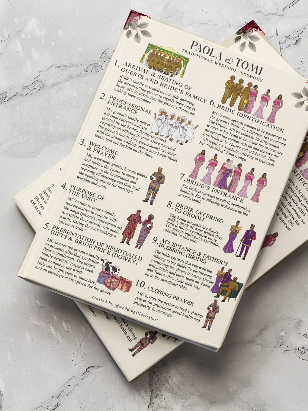 Wedding programs featuring traditional African attire illustrations and ceremony details on white paper.