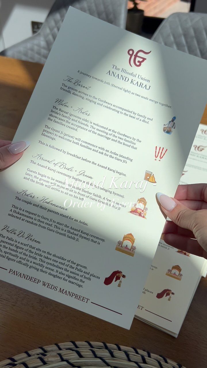 Wedding program for an Anand Karaj ceremony held by two hands.
