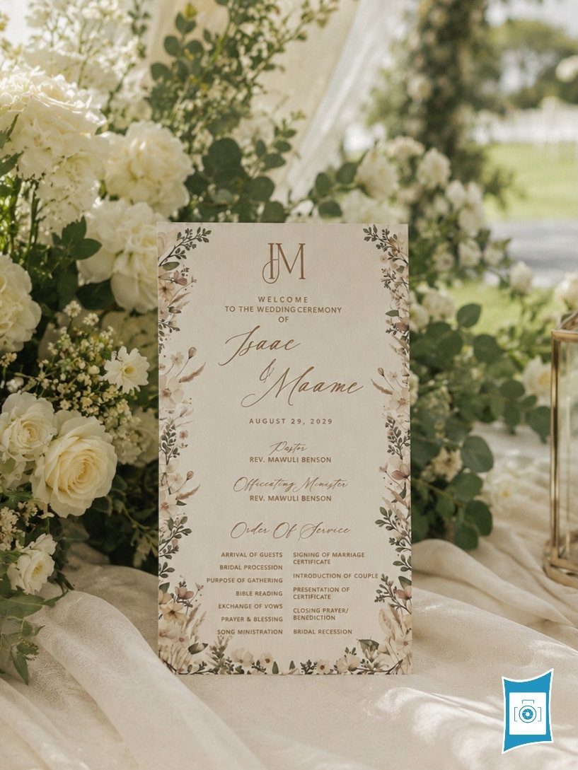 Wedding program card with floral accents resting among white roses and greenery