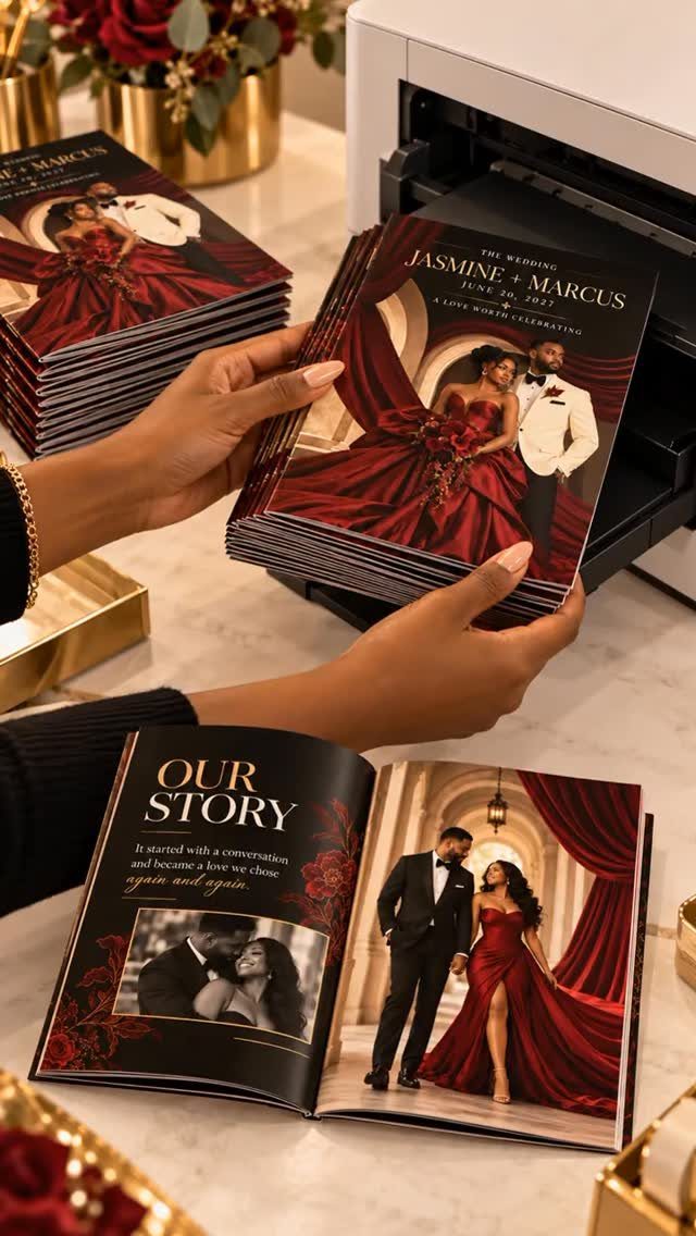 Wedding program booklets featuring a couple in red and white formal wear.