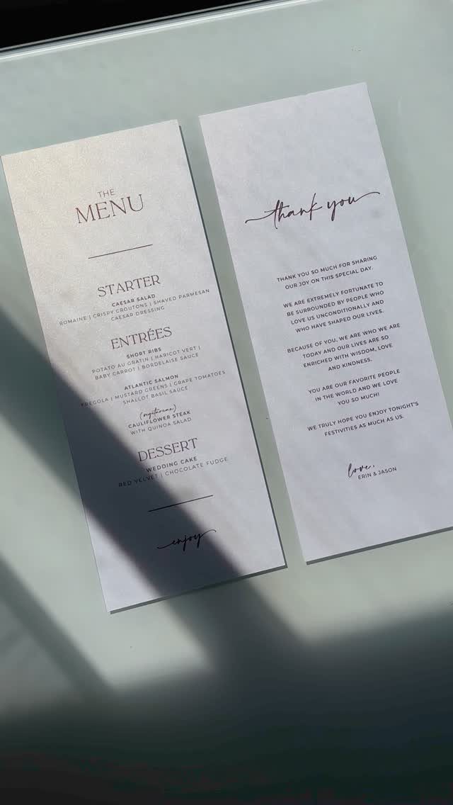 Wedding menu and thank you note cards printed on white paper.