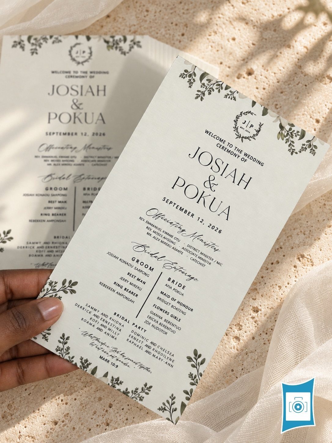 Wedding program listing the bridal party and ceremony details with botanical leaf accents.