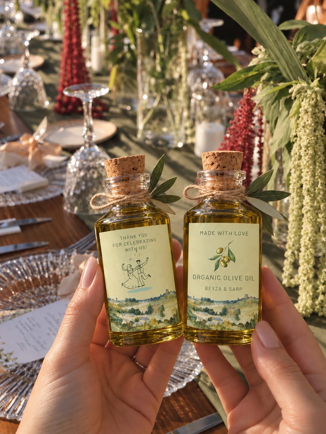 Two small bottles of organic olive oil with custom labels held over wedding table.