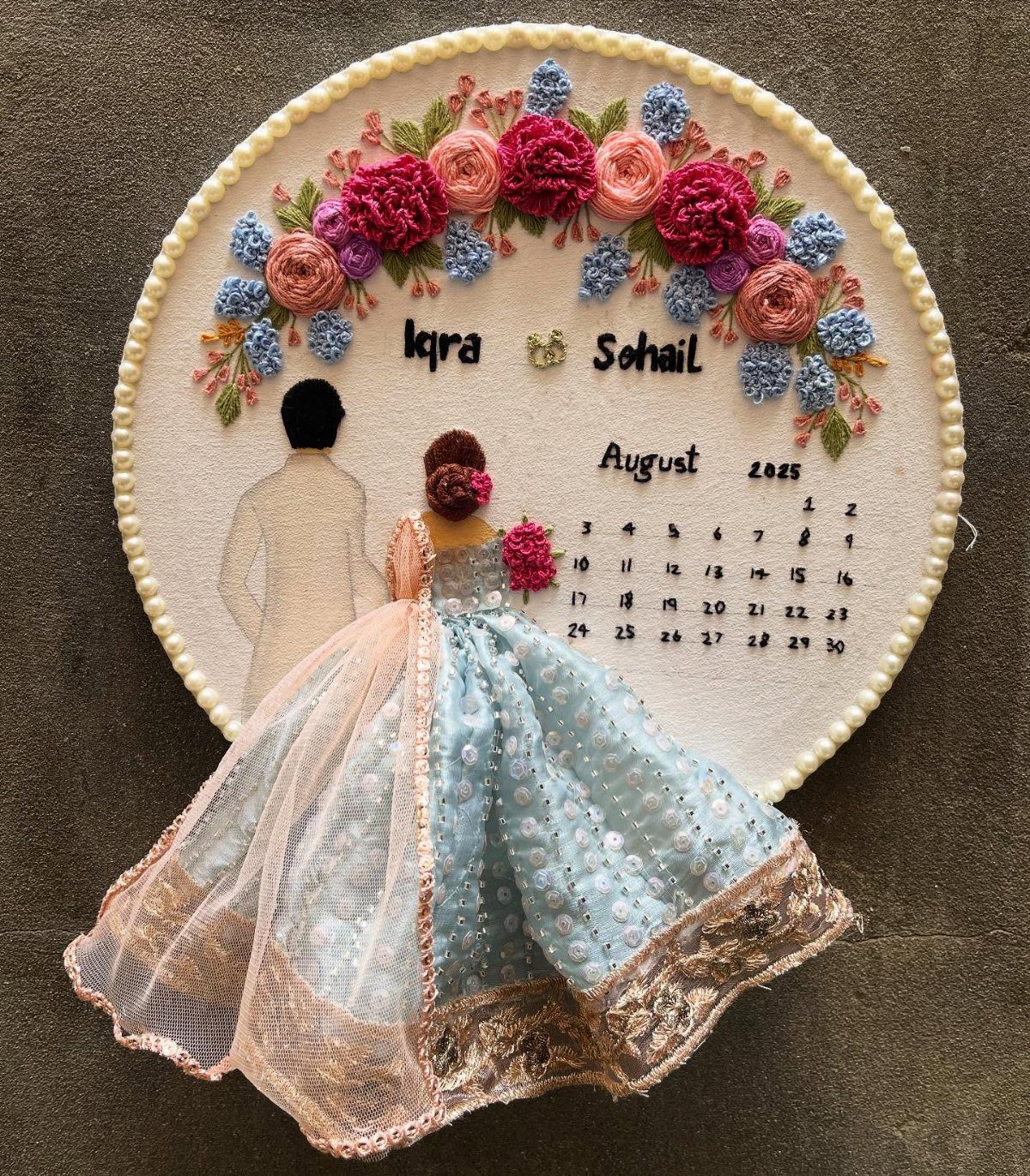Circular fabric art piece with a 3D blue dress, silhouettes, and floral embroidery.