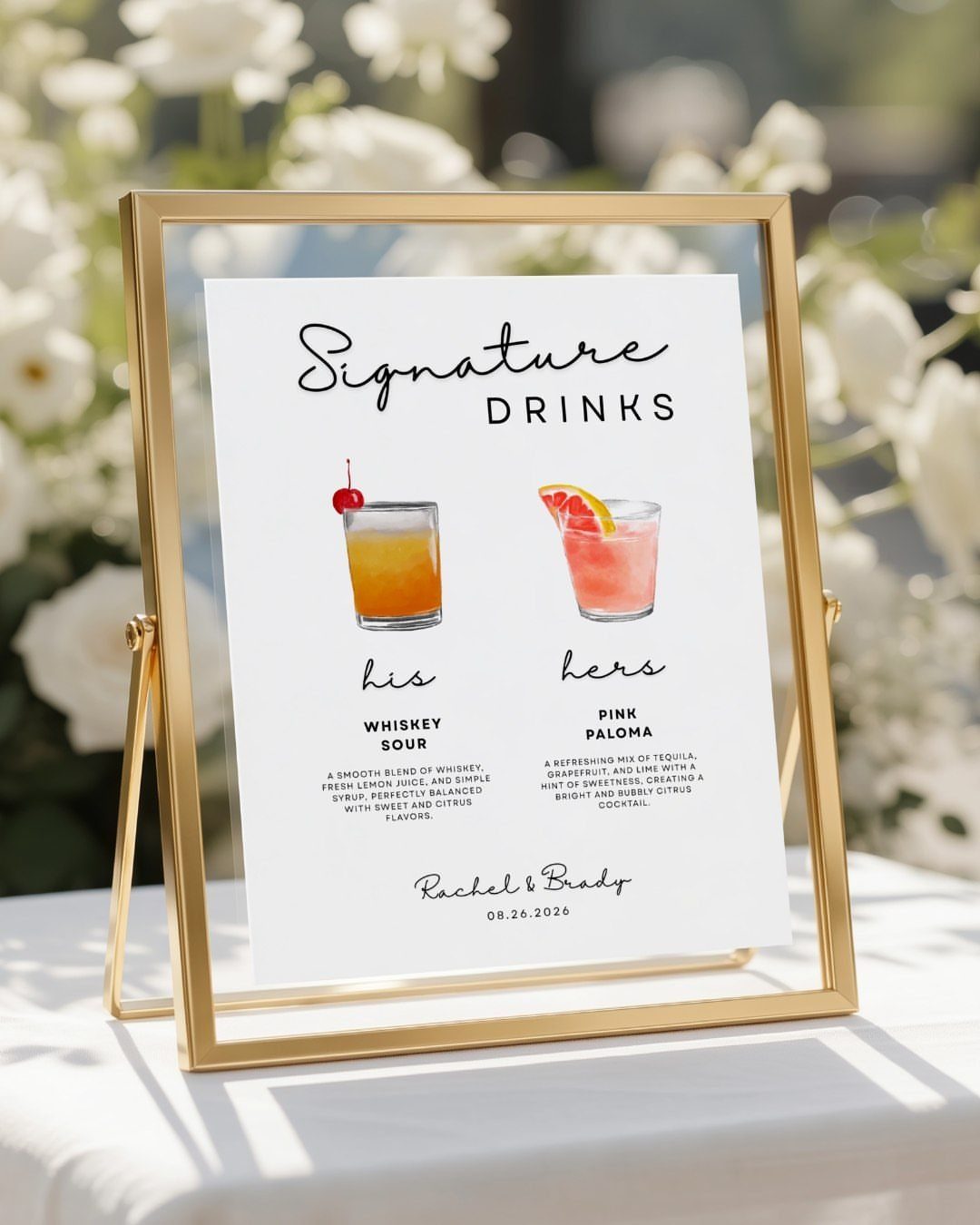 Signature drinks bar menu in a gold frame with cocktail illustrations and text.