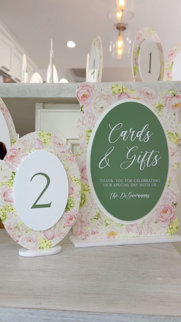 Cards and Gifts wedding sign with pink floral border and green center.