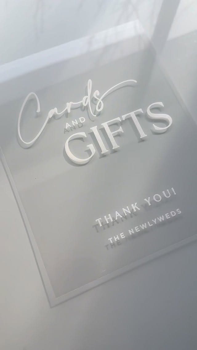 Acrylic wedding sign with white 3D text reading Cards and Gifts Thank You