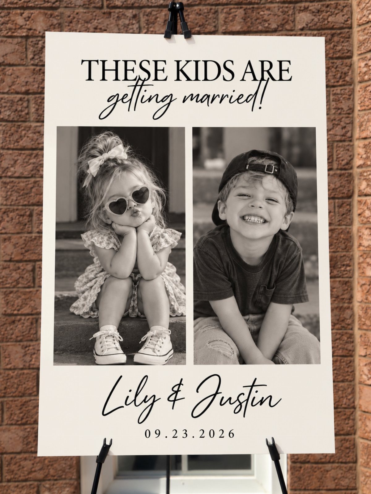 Wedding sign with childhood photos of the couple and their wedding date.