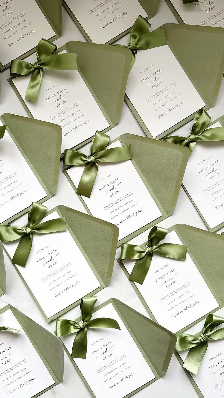 Wedding invitation cards with olive green envelopes and satin ribbon bows on white.