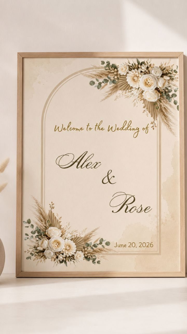 Framed wedding welcome sign with elegant script fonts and white floral decorations.
