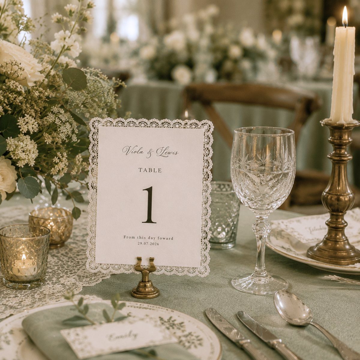 Table number card and place card on a decorated wedding reception table setting