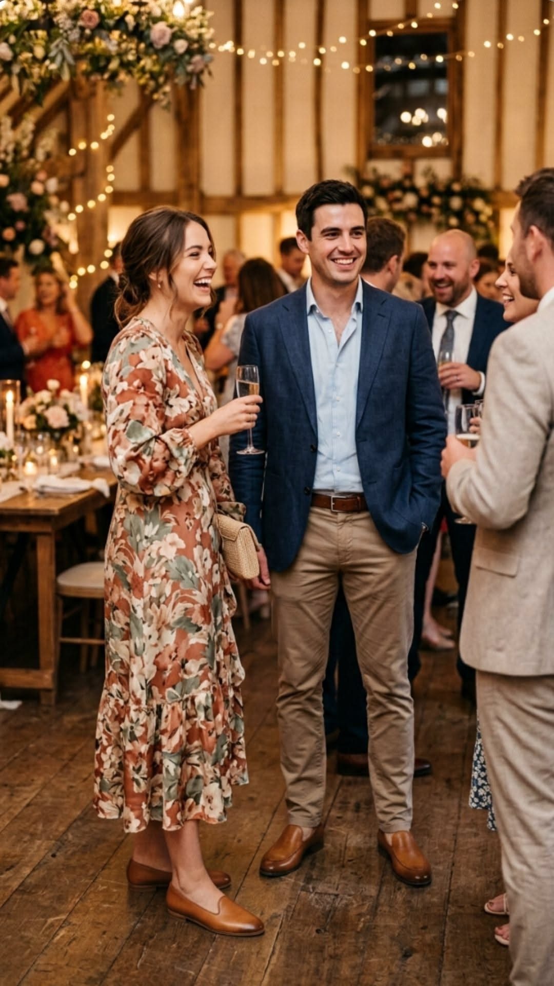 Guests in semi-formal attire talking at a rustic wedding reception in a barn.