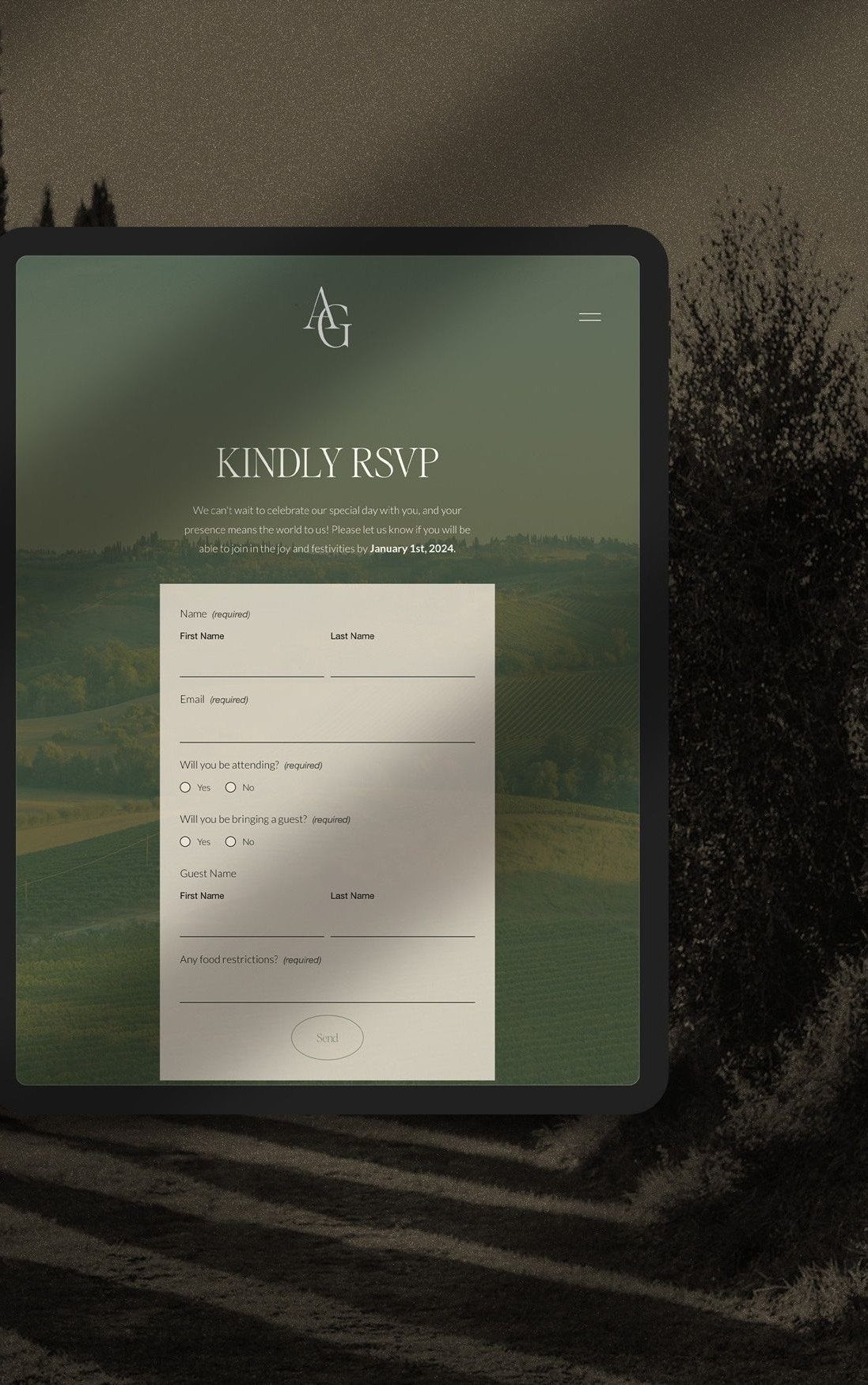 Tablet displaying a wedding RSVP webpage with a guest response form and green background.