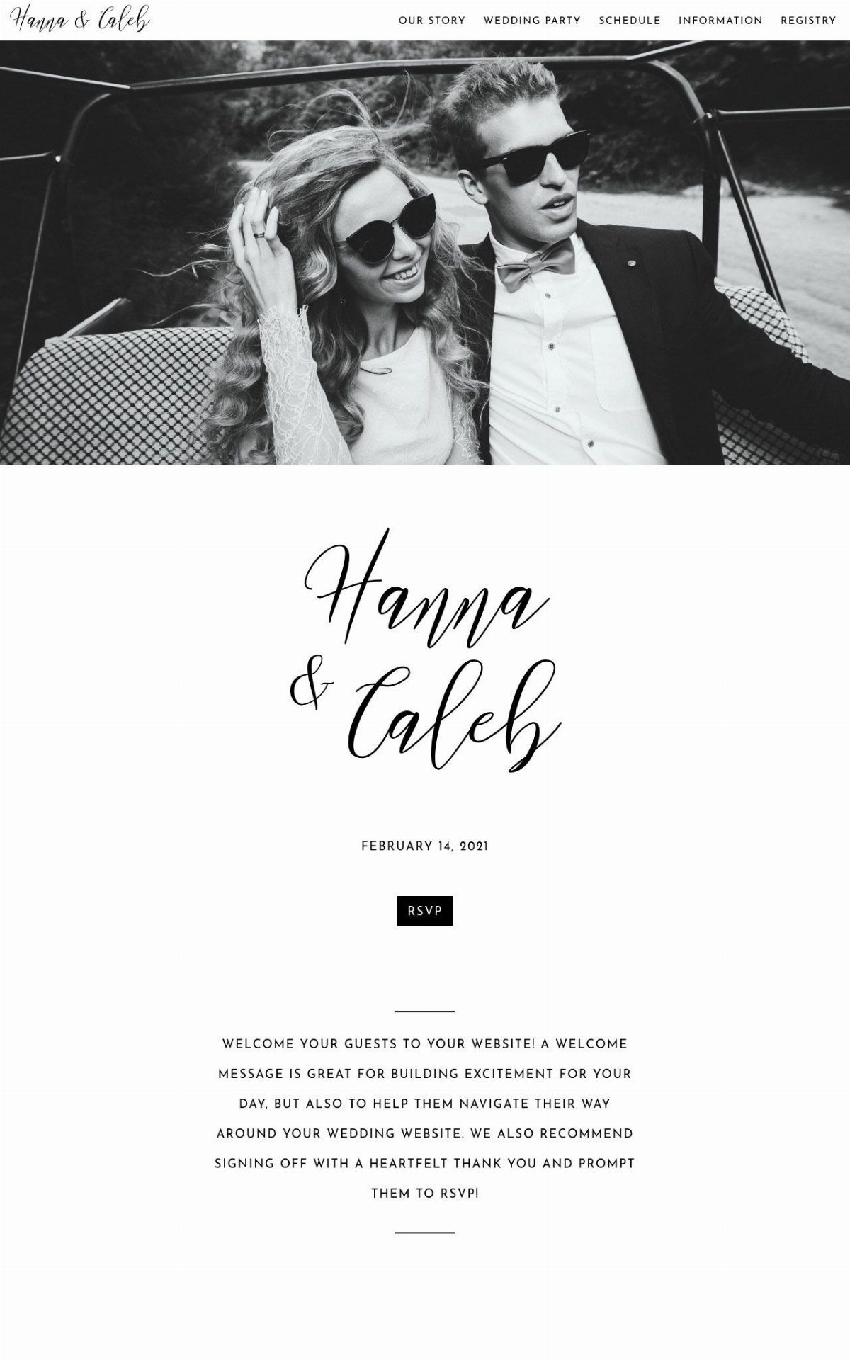 Wedding website template featuring a black and white photo of a couple in a car.