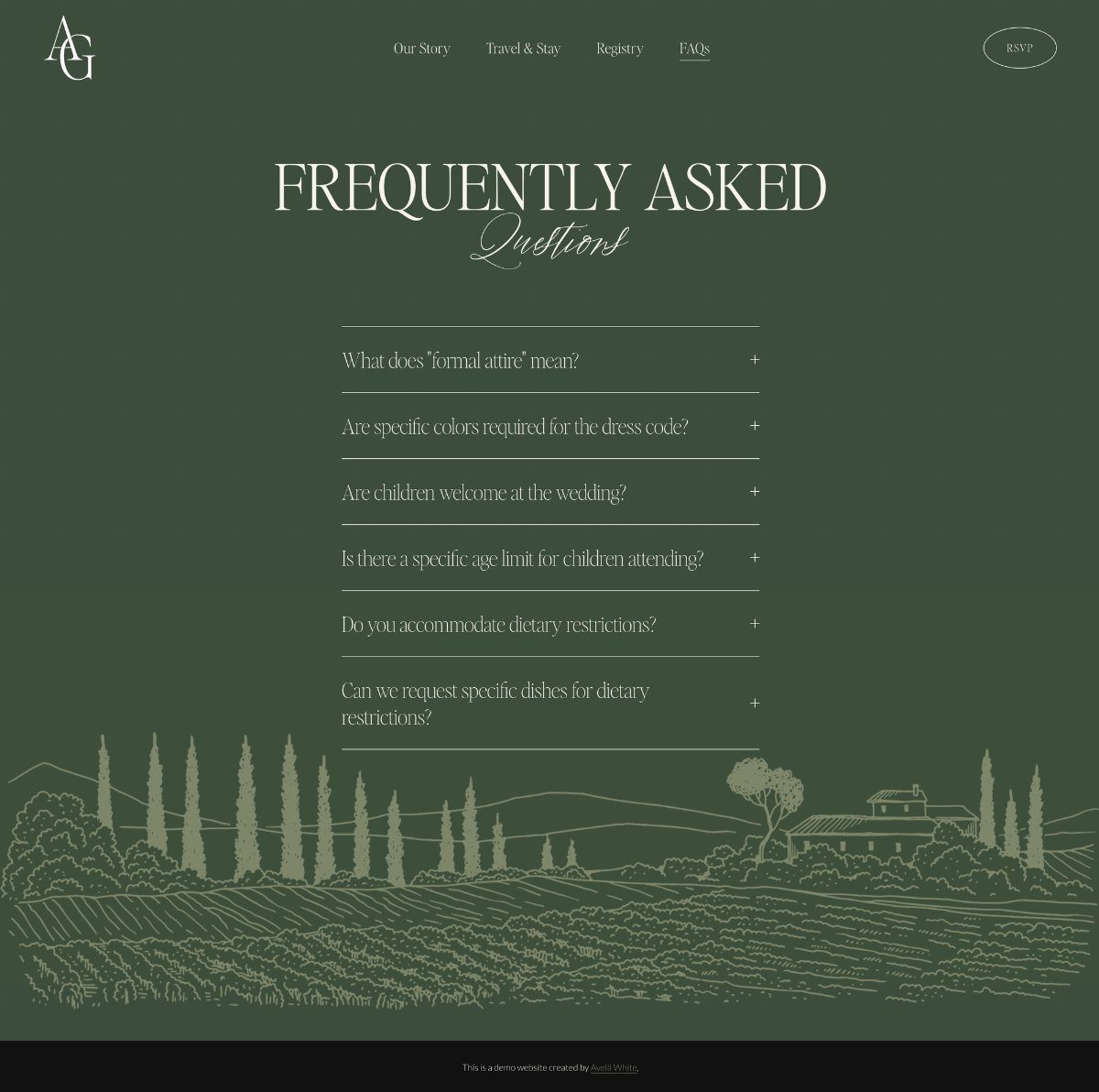 Wedding website FAQ page with olive green background and Tuscan landscape line art.