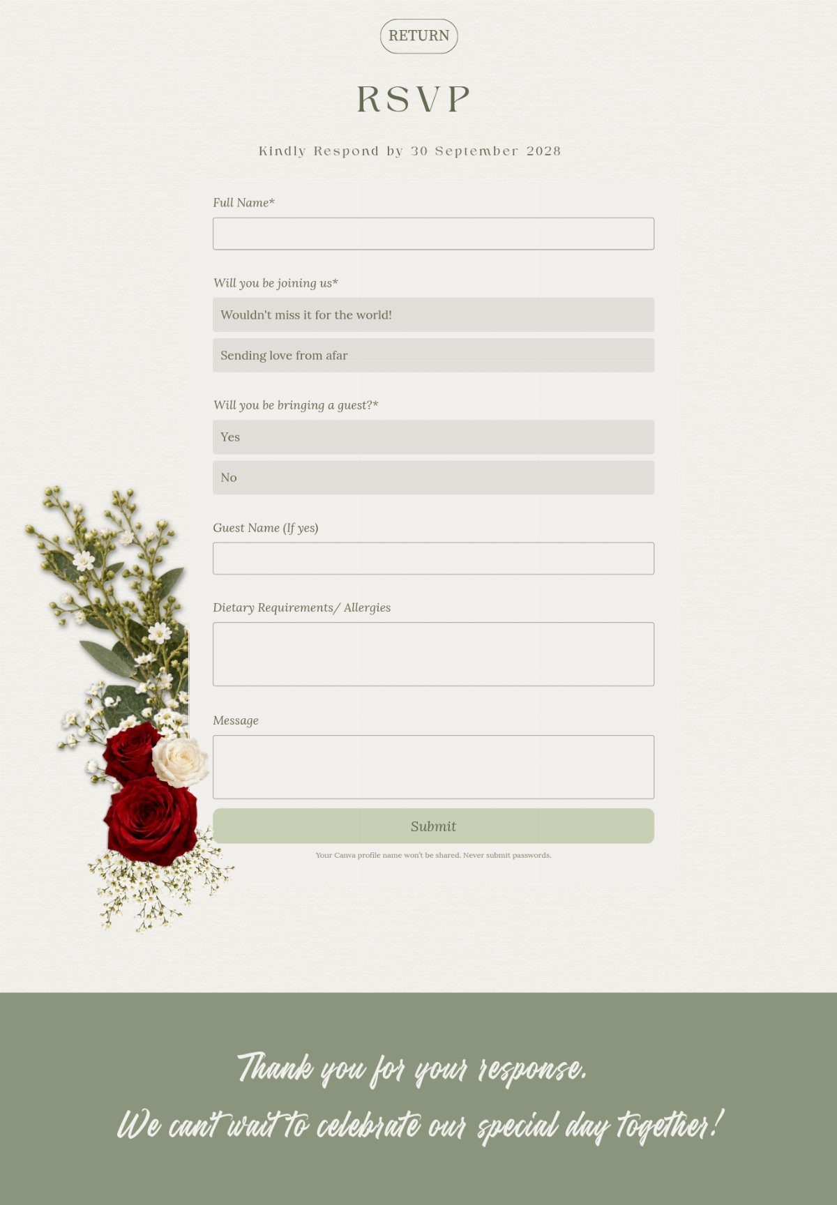 Wedding RSVP form with text input fields and red rose floral decorations.