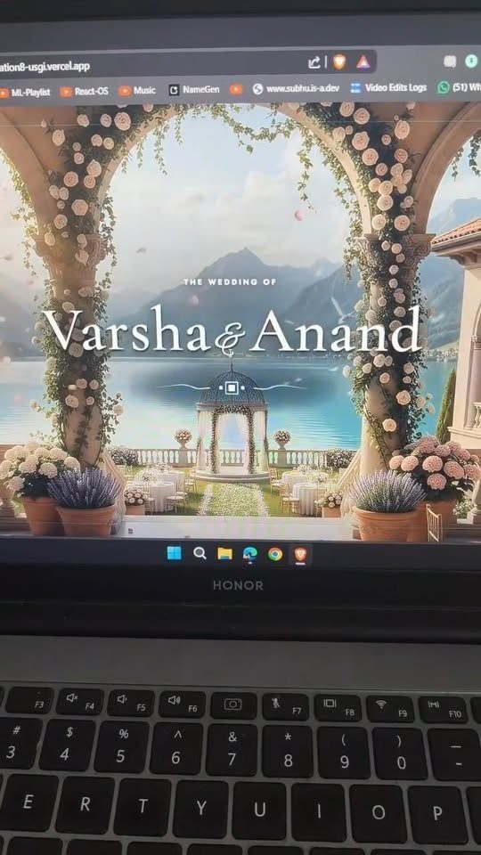 Laptop screen showing a wedding website with a floral arch and mountain lake background.