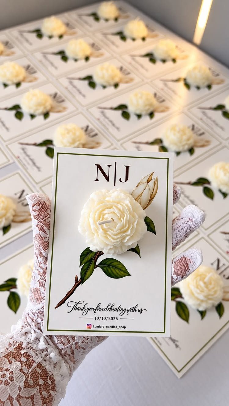 White rose-shaped candle on a personalized wedding thank you card held by a gloved hand.