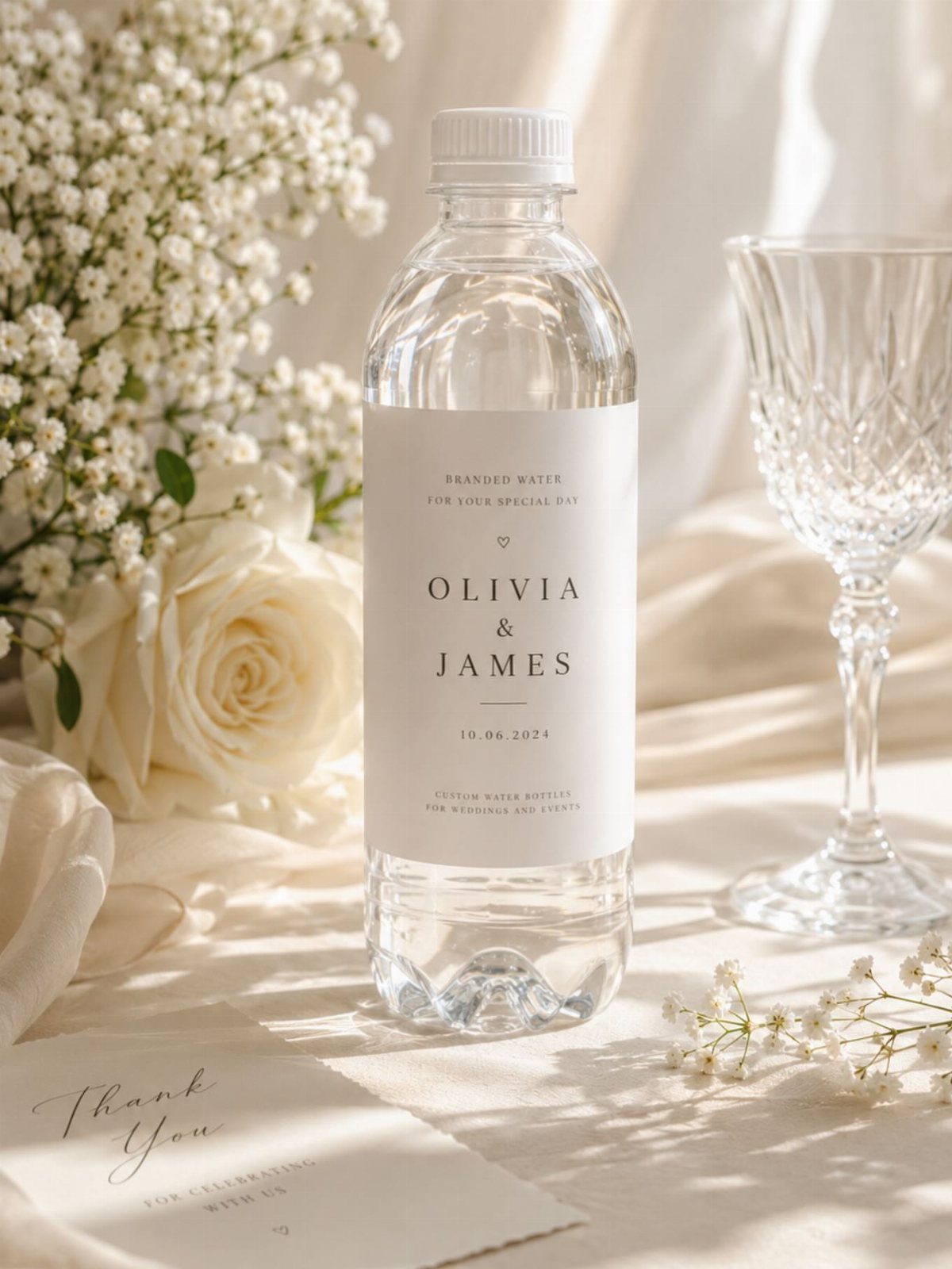 Custom labeled water bottle surrounded by white roses and baby's breath flowers.