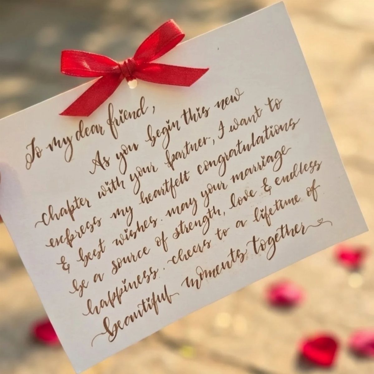 White card with gold calligraphy and red ribbon bow surrounded by rose petals