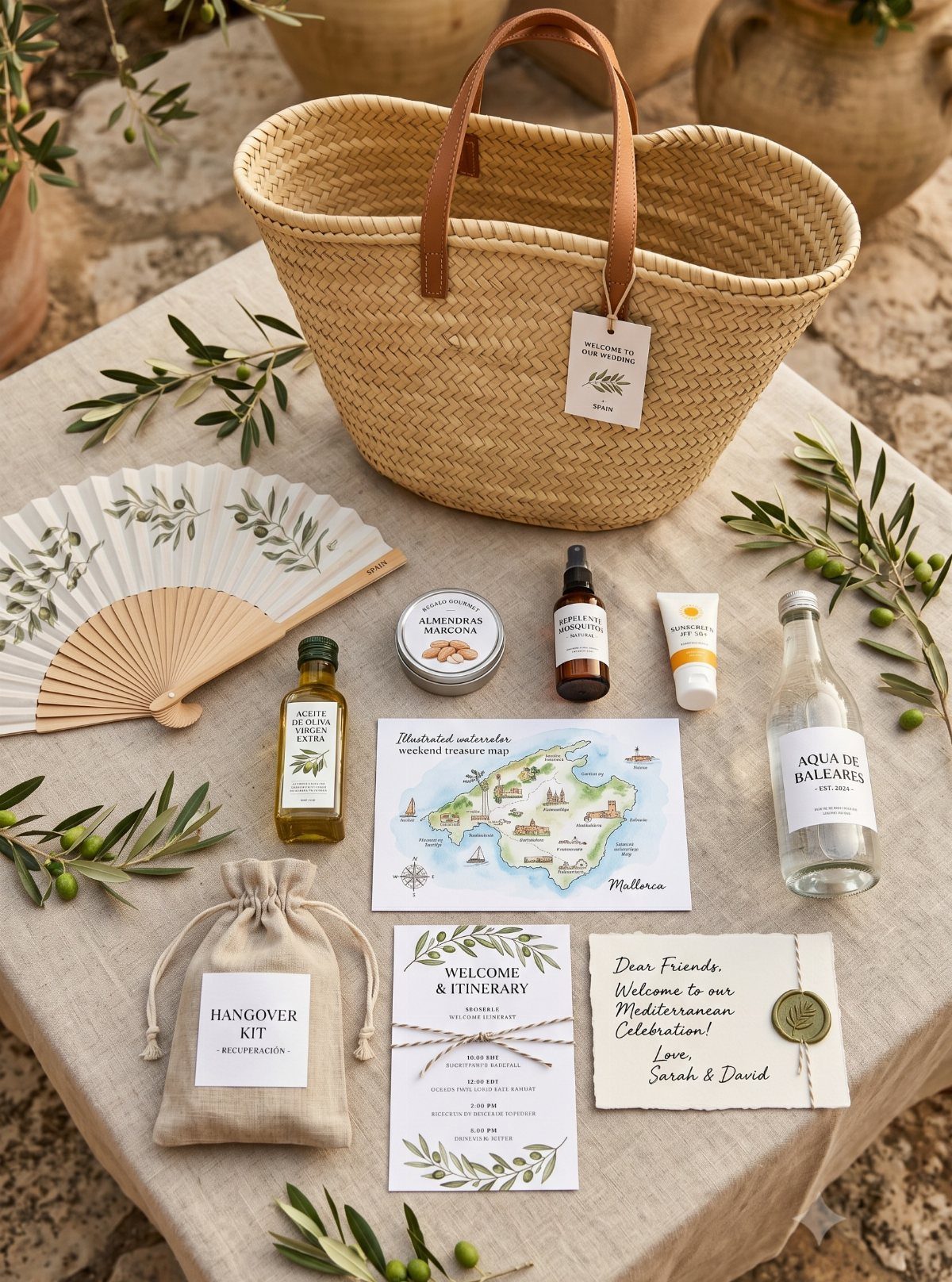 Woven straw tote bag surrounded by wedding welcome gifts and a local map.