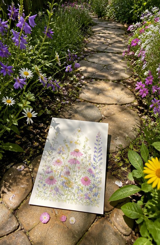 Hallmark Wildflowers You're Invited card on a garden stone path.