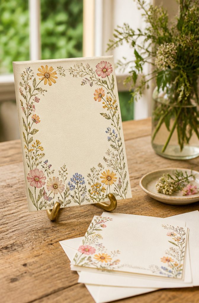 Papier Wildflower Wedding Invitation with RSVP cards shown together.