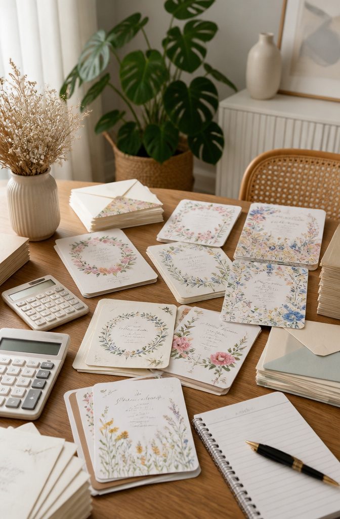 Table with wedding invitation sets, calculator, and notepad for shipping.