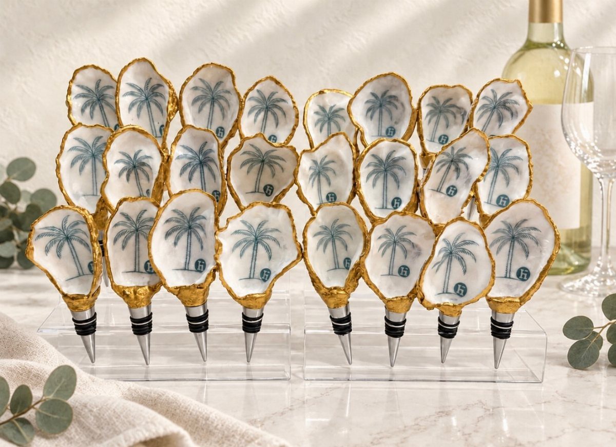 Decorative wine stoppers with shell tops and palm tree designs on marble surface.